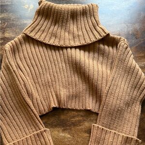 Cotton Candy Brown Cowl Neck Sweater with Ribbed Knit
